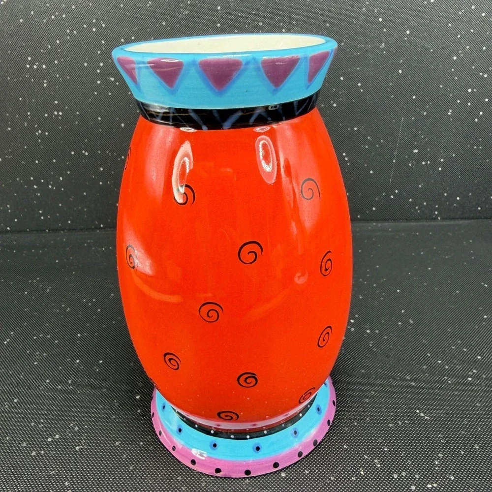 Laurel Burch for Ganz Ceramic Cat Vase Red Orange Whimsical Art BC8025 6in